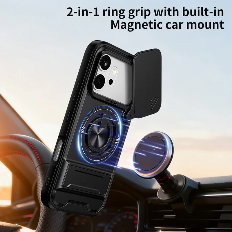For Honor 600 5G Magnetic Case Ring Holder Foldable Kickstand TPU PC Phone Cover with Camera Lens Slider - Black