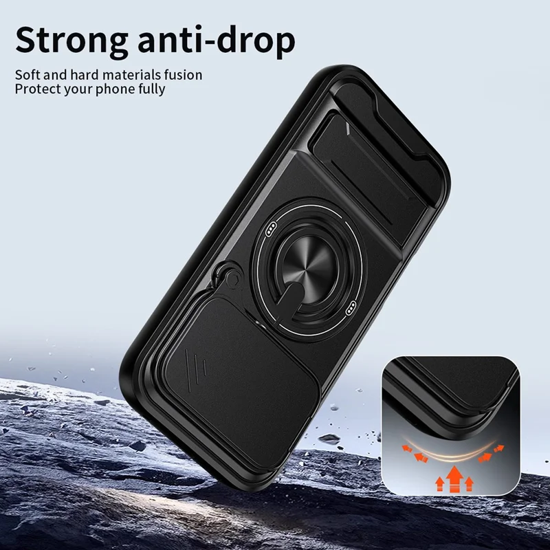 For Honor 600 5G Magnetic Case Ring Holder Foldable Kickstand TPU PC Phone Cover with Camera Lens Slider - Black