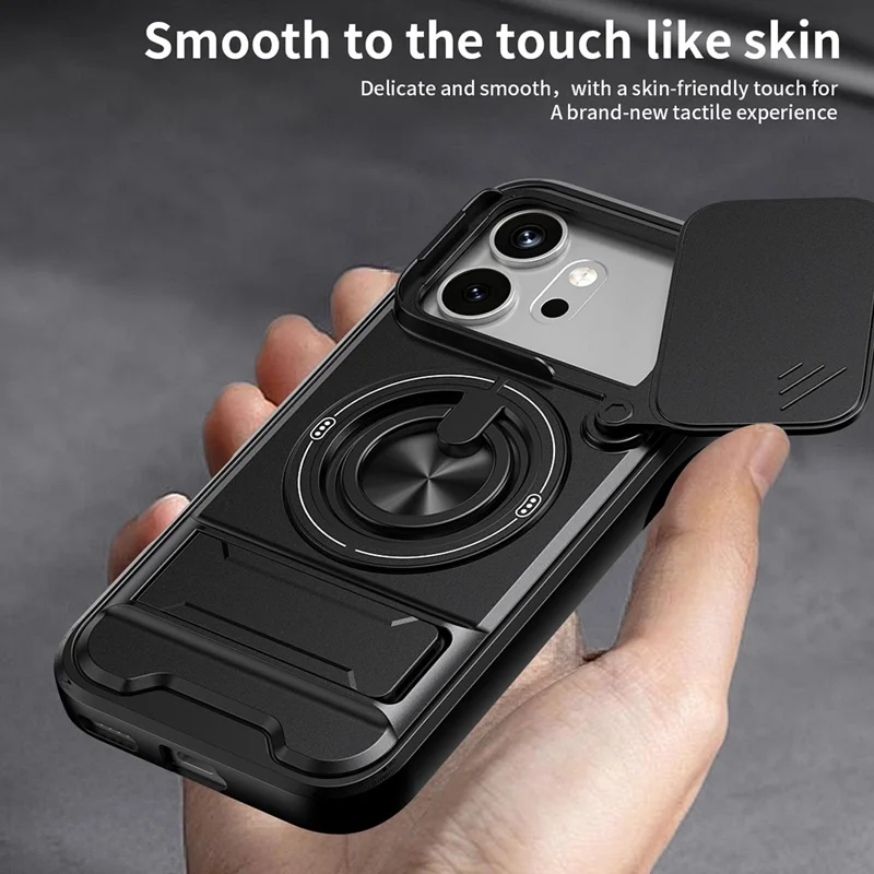For Honor 600 5G Magnetic Case Ring Holder Foldable Kickstand TPU PC Phone Cover with Camera Lens Slider - Black