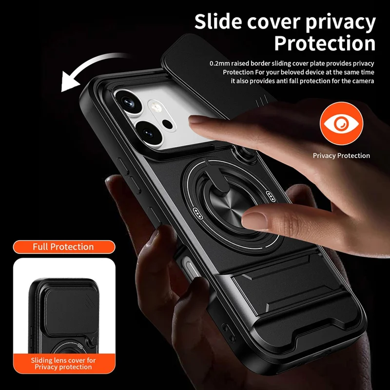 For Honor 600 5G Magnetic Case Ring Holder Foldable Kickstand TPU PC Phone Cover with Camera Lens Slider - Black