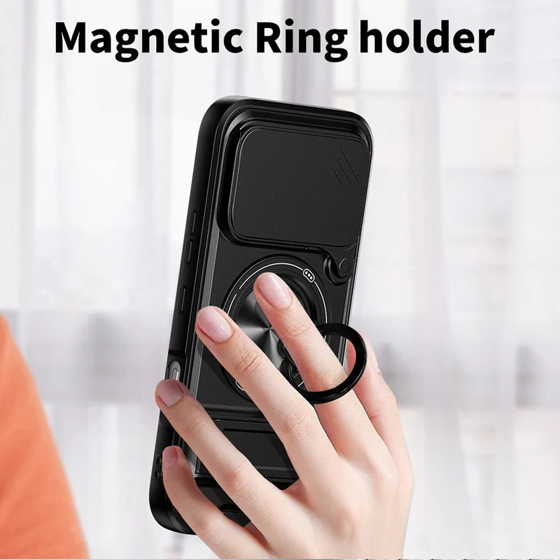 For Honor 600 5G Magnetic Case Ring Holder Foldable Kickstand TPU PC Phone Cover with Camera Lens Slider - Black