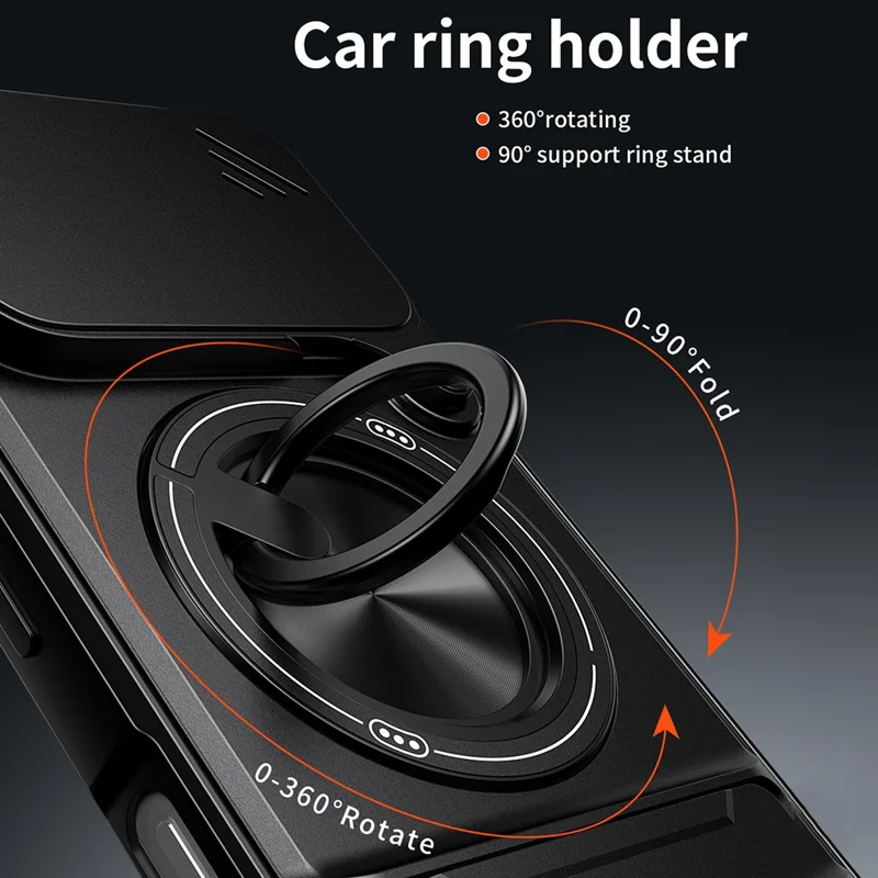 For Honor 600 5G Magnetic Case Ring Holder Foldable Kickstand TPU PC Phone Cover with Camera Lens Slider - Black