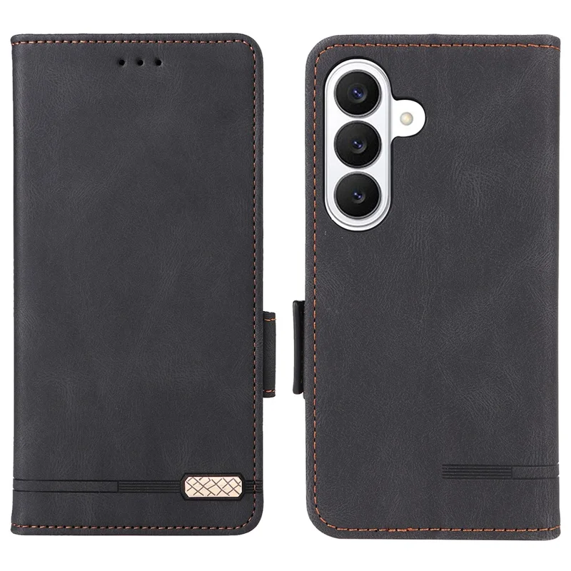 For Samsung Galaxy S26+ Case Leather Wallet Flip Phone Cover with Hardware Decor - Black