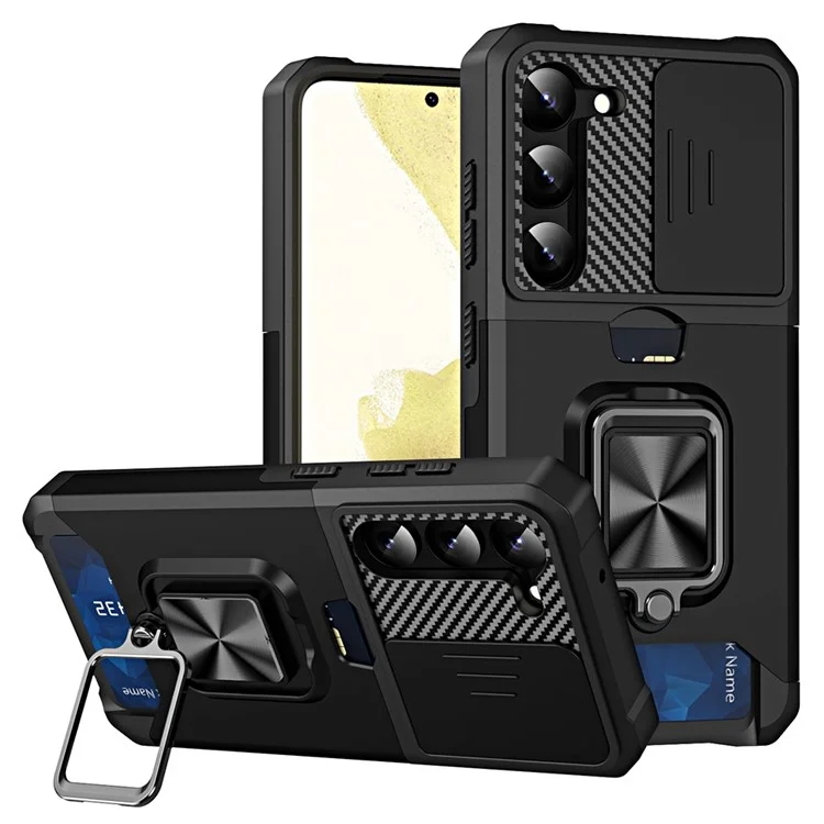 For Samsung Galaxy S23 Anti-scratch Phone Case Slide Camera Lens Cover Card Slot Kickstand Design Hard PC Soft TPU Phone Cover - Black