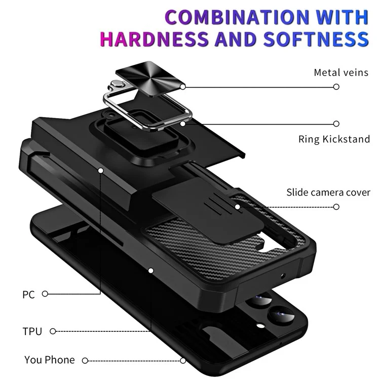 For Samsung Galaxy S23 Anti-scratch Phone Case Slide Camera Lens Cover Card Slot Kickstand Design Hard PC Soft TPU Phone Cover - Black