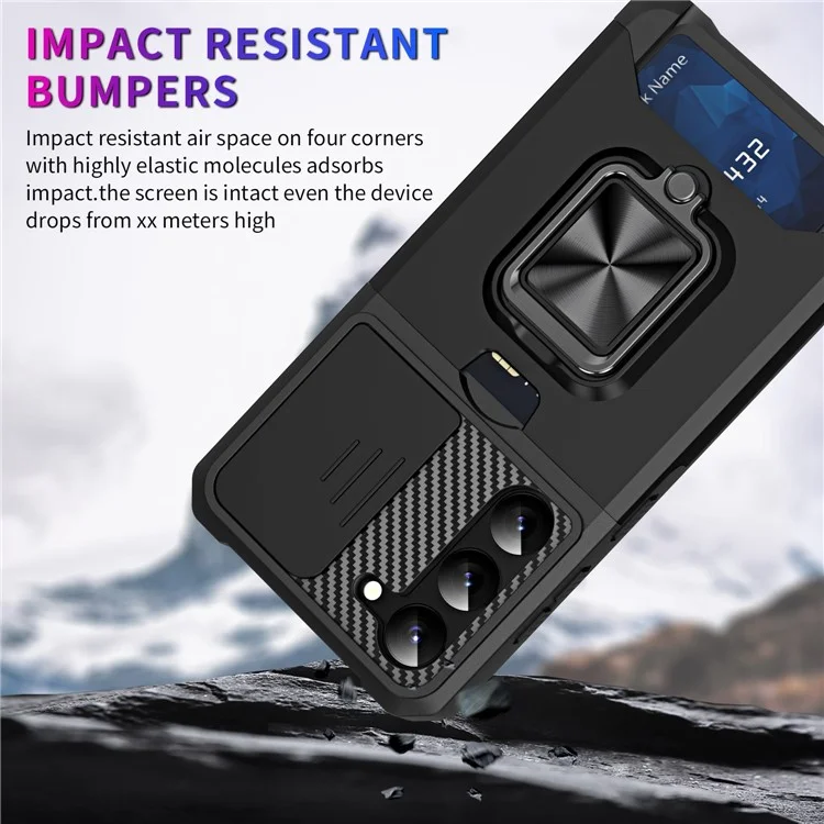 For Samsung Galaxy S23 Anti-scratch Phone Case Slide Camera Lens Cover Card Slot Kickstand Design Hard PC Soft TPU Phone Cover - Black