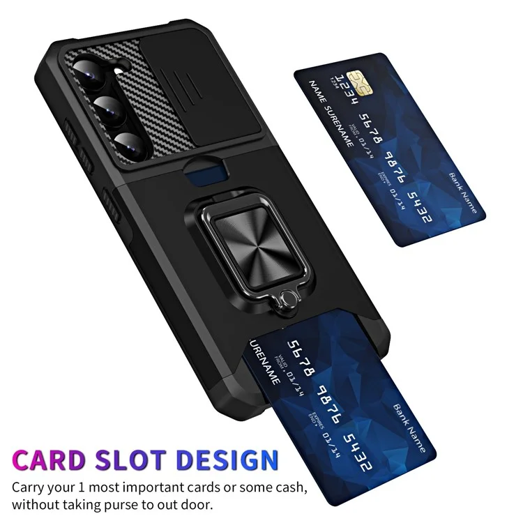 For Samsung Galaxy S23 Anti-scratch Phone Case Slide Camera Lens Cover Card Slot Kickstand Design Hard PC Soft TPU Phone Cover - Black