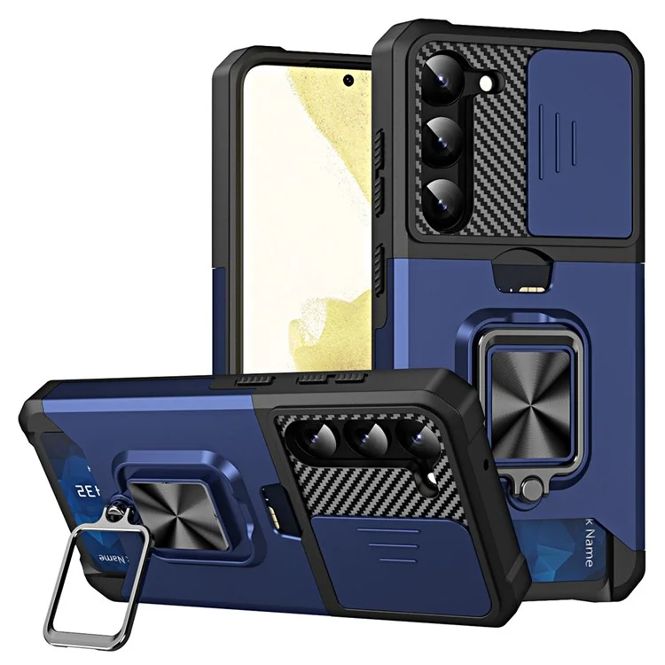 Para Samsung Galaxy S23 Anti-scratch Phone Case Slide Camera Lens Cover Card Slot Kickstand Design Hard PC Soft TPU Phone Cover - Navy Blue