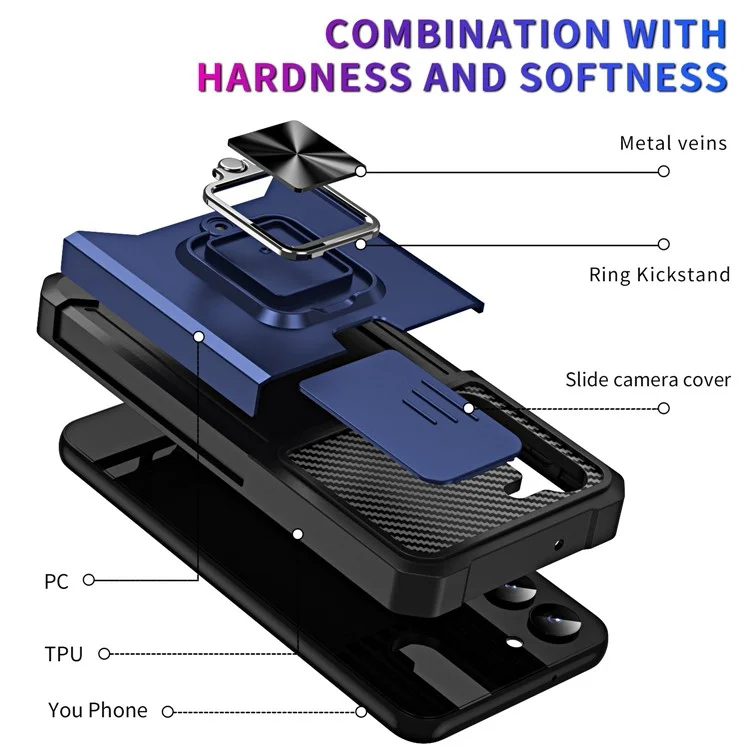 Para Samsung Galaxy S23 Anti-scratch Phone Case Slide Camera Lens Cover Card Slot Kickstand Design Hard PC Soft TPU Phone Cover - Navy Blue