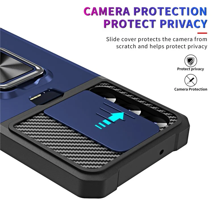 Para Samsung Galaxy S23 Anti-scratch Phone Case Slide Camera Lens Cover Card Slot Kickstand Design Hard PC Soft TPU Phone Cover - Navy Blue