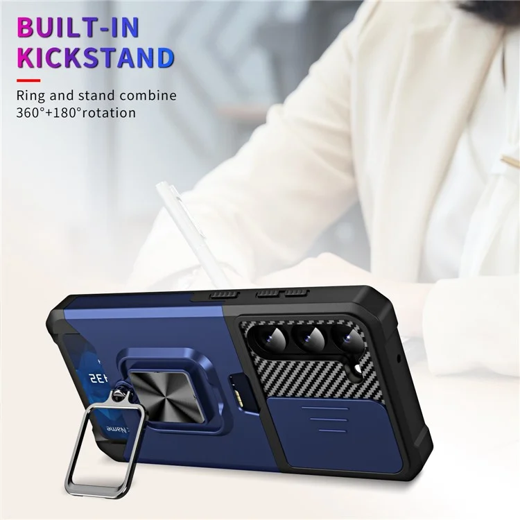 Para Samsung Galaxy S23 Anti-scratch Phone Case Slide Camera Lens Cover Card Slot Kickstand Design Hard PC Soft TPU Phone Cover - Navy Blue