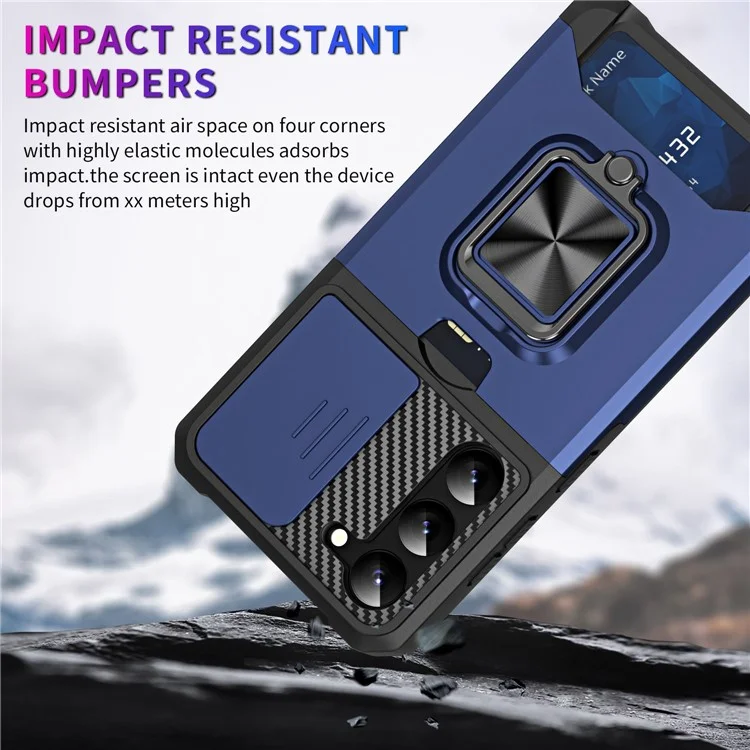 Para Samsung Galaxy S23 Anti-scratch Phone Case Slide Camera Lens Cover Card Slot Kickstand Design Hard PC Soft TPU Phone Cover - Navy Blue