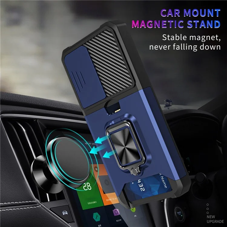 Para Samsung Galaxy S23 Anti-scratch Phone Case Slide Camera Lens Cover Card Slot Kickstand Design Hard PC Soft TPU Phone Cover - Navy Blue