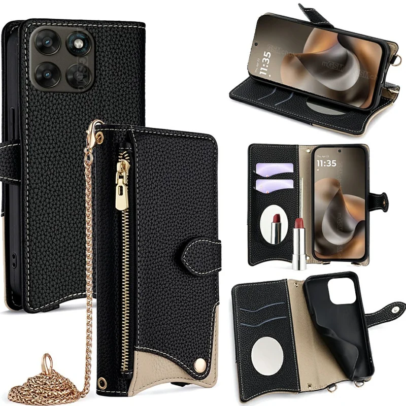 For Motorola Moto G77 5G Leather Case Wallet Stand Cover Irregular Tail Style with Chain Strap - Black
