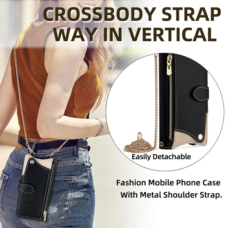For Motorola Moto G77 5G Leather Case Wallet Stand Cover Irregular Tail Style with Chain Strap - Black