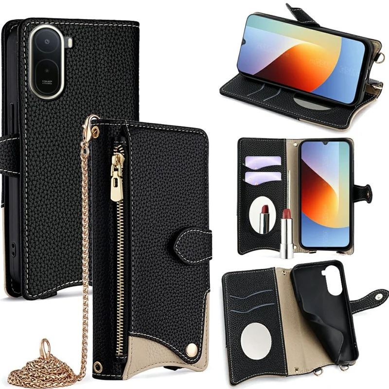 For Xiaomi Poco C85x 5G / Redmi A7 Pro 4G (171.56mm) Leather Case Wallet Stand Cover Irregular Tail Style with Chain Strap - Black