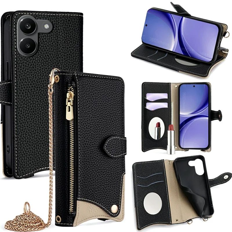 For Xiaomi Redmi Turbo 5 5G Leather Case Wallet Stand Cover Irregular Tail Style with Chain Strap - Black