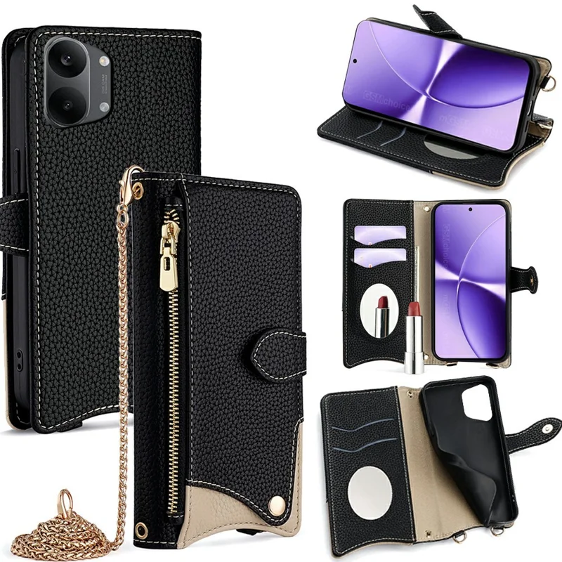 For Xiaomi Redmi Turbo 5 Max 5G Leather Case Wallet Stand Cover Irregular Tail Style with Chain Strap - Black