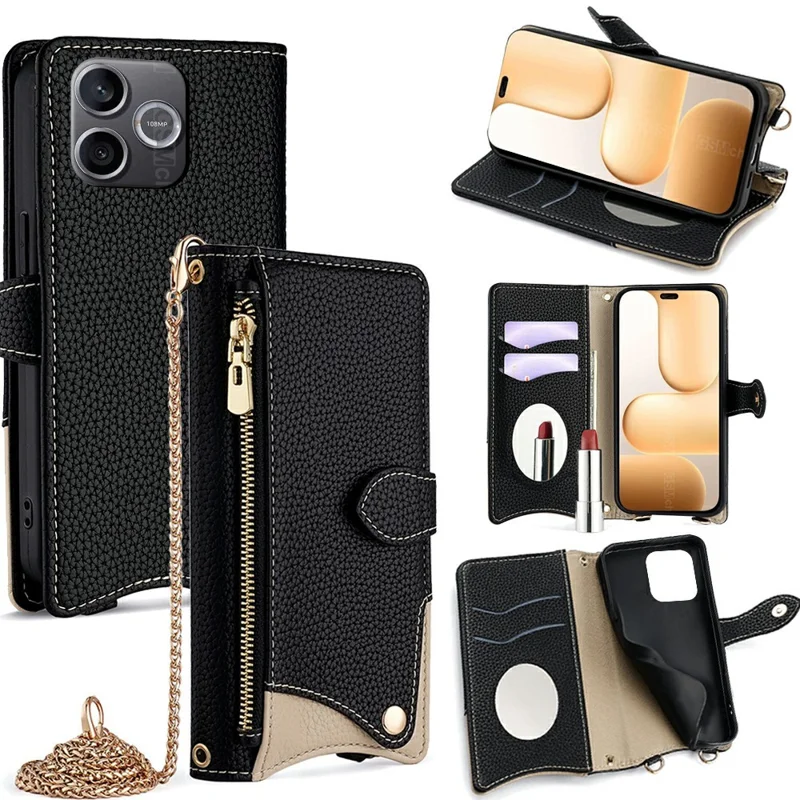 For Honor 600 Lite 5G Leather Case Wallet Stand Cover Irregular Tail Style with Chain Strap - Black