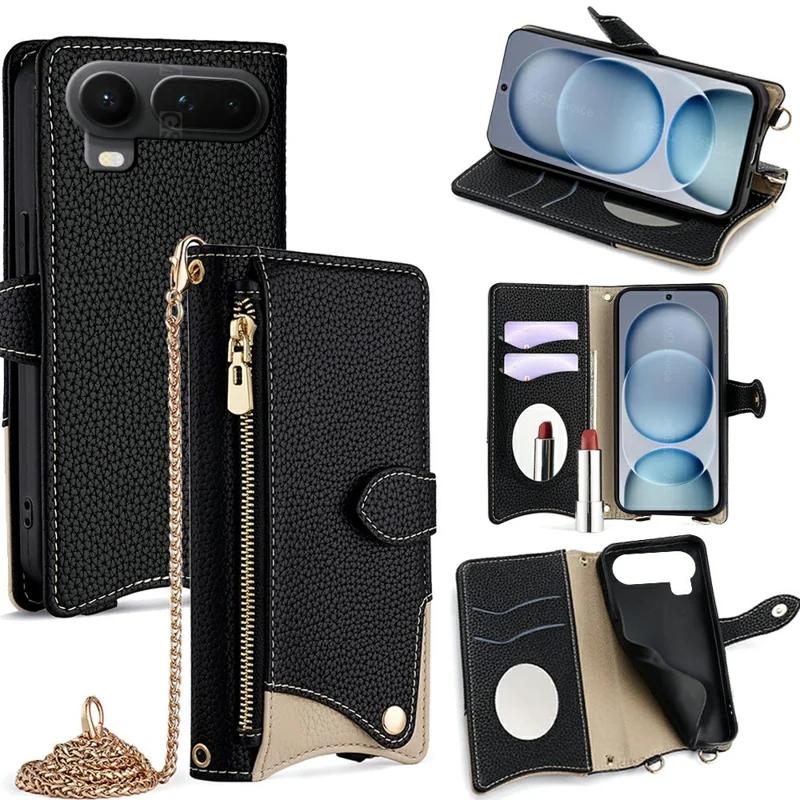For Honor Magic8 Pro Air 5G Leather Case Wallet Stand Cover Irregular Tail Style with Chain Strap - Black