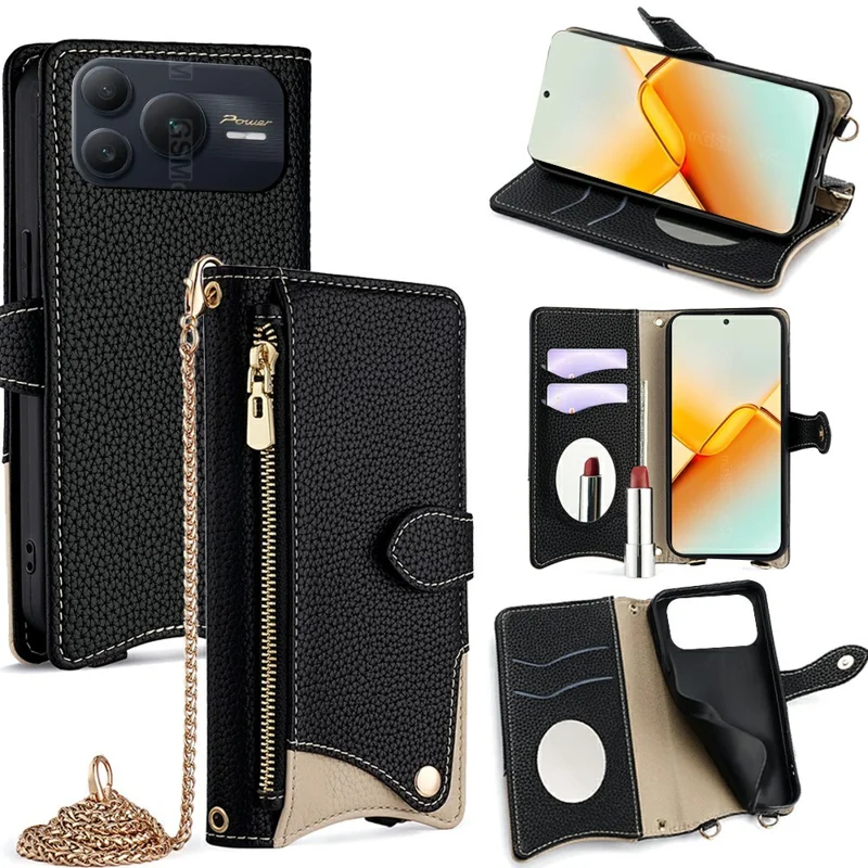 For Honor Power2 5G Leather Case Wallet Stand Cover Irregular Tail Style with Chain Strap - Black