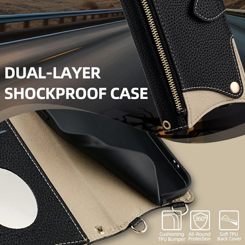 For Honor Power2 5G Leather Case Wallet Stand Cover Irregular Tail Style with Chain Strap - Black