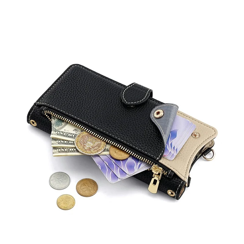 For Honor Power2 5G Leather Case Wallet Stand Cover Irregular Tail Style with Chain Strap - Black