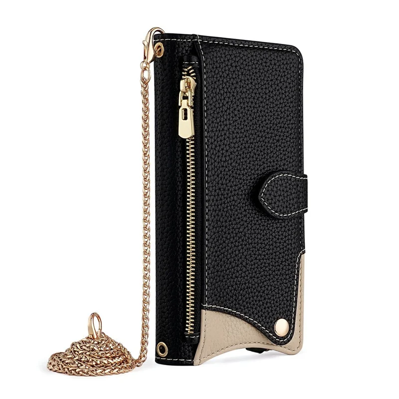 For Honor Power2 5G Leather Case Wallet Stand Cover Irregular Tail Style with Chain Strap - Black