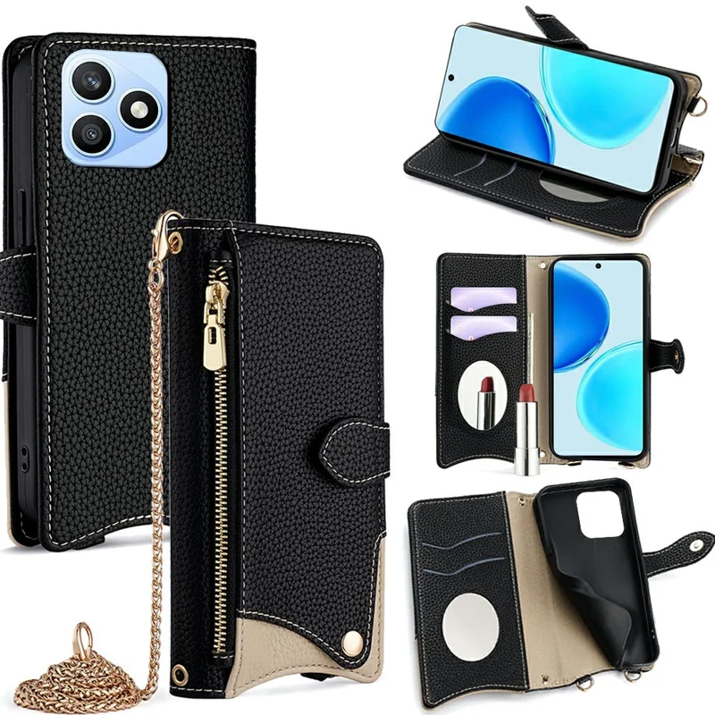 For Honor X8d 4G Leather Case Wallet Stand Cover Irregular Tail Style with Chain Strap - Black