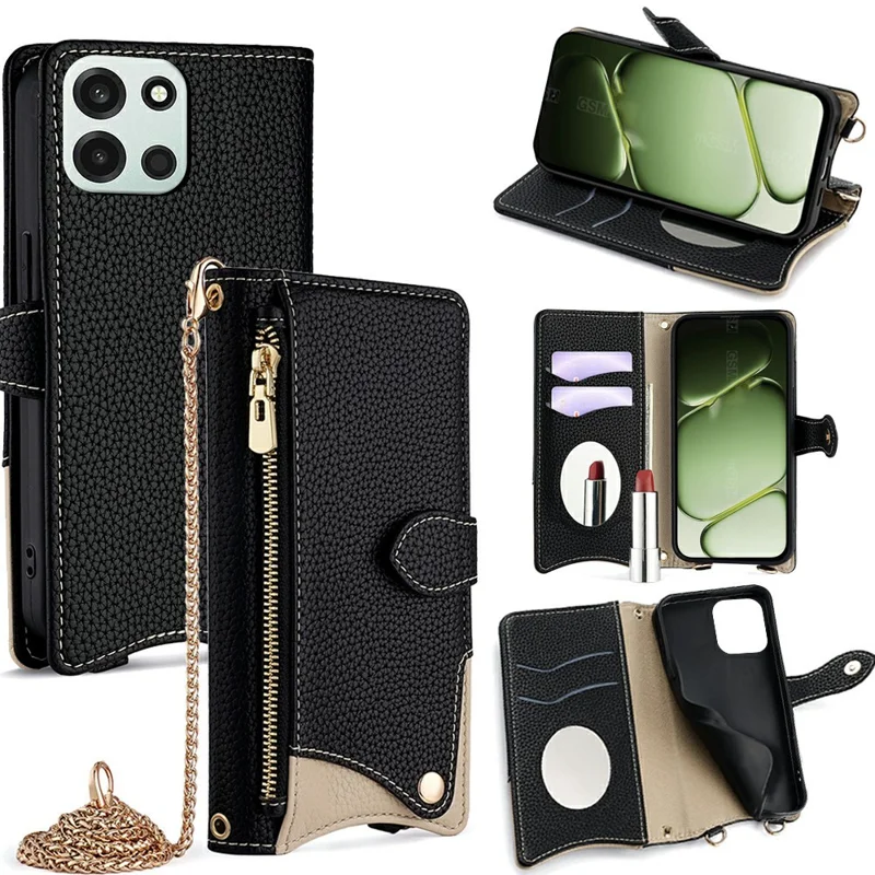For OnePlus Turbo 6 5G / Turbo 6V 5G Leather Case Wallet Stand Cover Irregular Tail Style with Chain Strap - Black