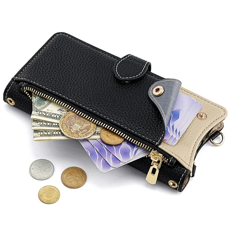 For OnePlus Turbo 6 5G / Turbo 6V 5G Leather Case Wallet Stand Cover Irregular Tail Style with Chain Strap - Black