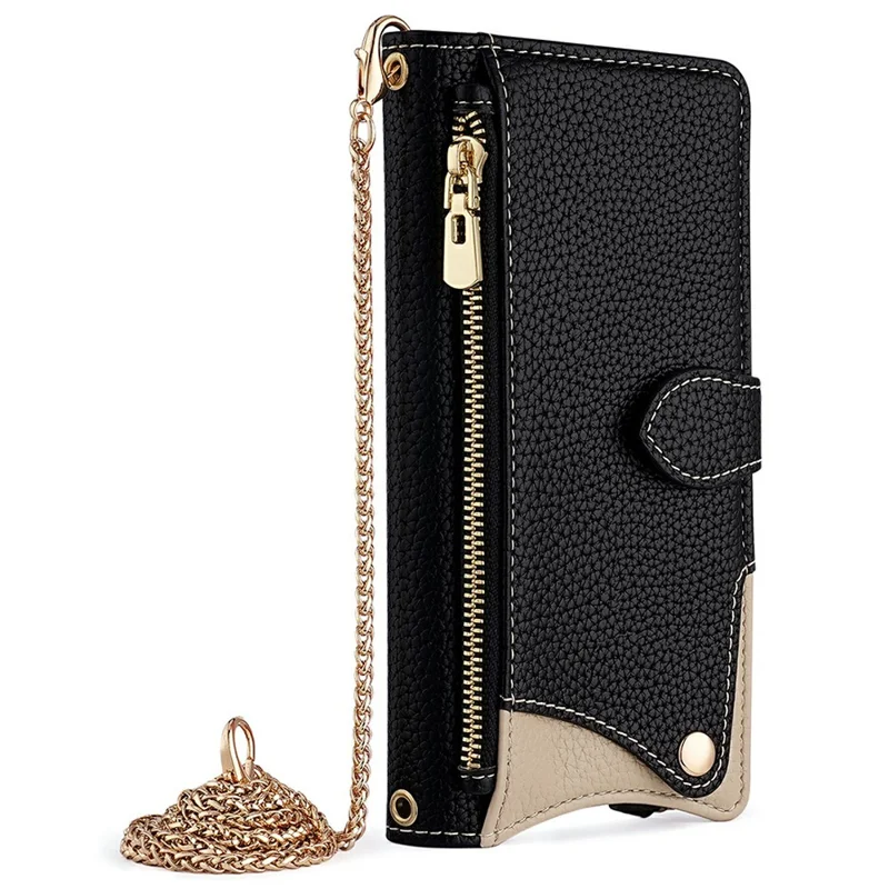 For OnePlus Turbo 6 5G / Turbo 6V 5G Leather Case Wallet Stand Cover Irregular Tail Style with Chain Strap - Black