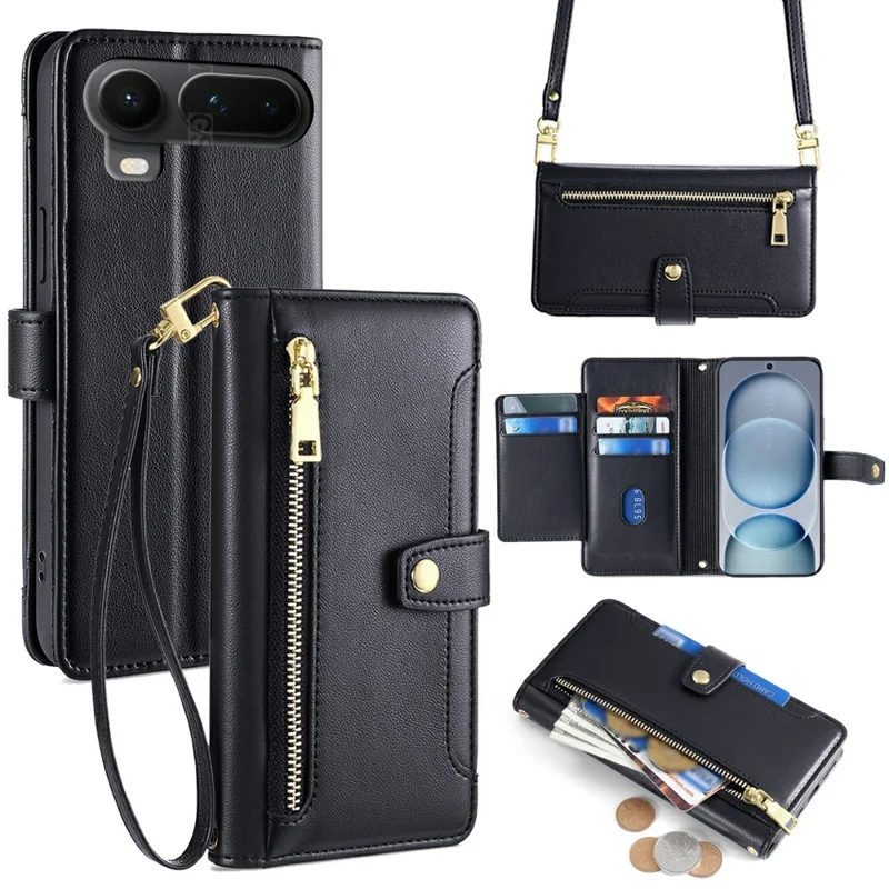 For Honor Magic8 Pro Air 5G Leather Case Zipper Pocket Wallet Phone Cover with 2 Straps - Black