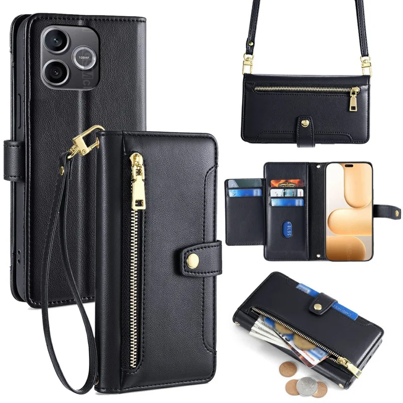 For Honor 600 Lite 5G Leather Case Zipper Pocket Wallet Phone Cover with 2 Straps - Black