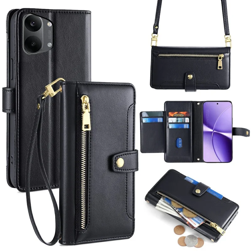 For Xiaomi Redmi Turbo 5 Max 5G Leather Case Zipper Pocket Wallet Phone Cover with 2 Straps - Black