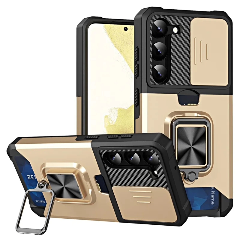 For Samsung Galaxy S23+ Drop-proof Phone Case Card Holder Kickstand Hard PC Soft TPU Phone Shell with Slide Camera Lens Cover - Gold