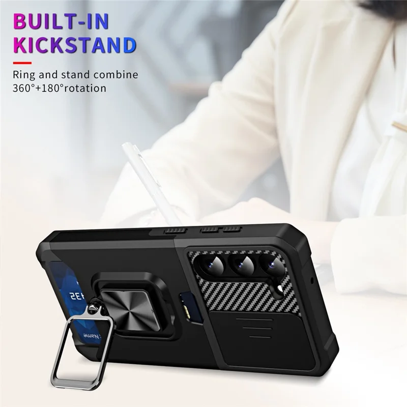 For Samsung Galaxy S23+ Drop-proof Phone Case Card Holder Kickstand Hard PC Soft TPU Phone Shell with Slide Camera Lens Cover - Gold