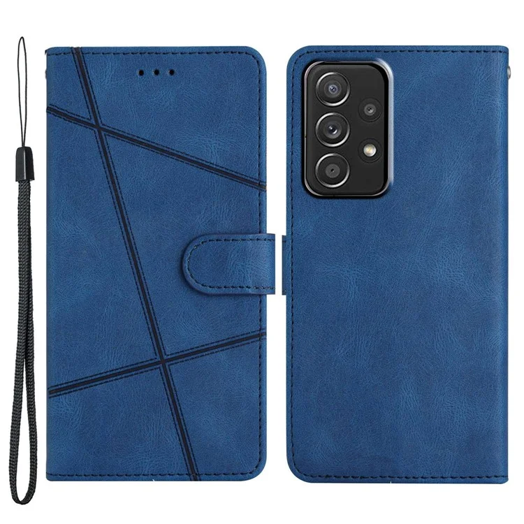 Wallet Phone Case for Samsung Galaxy A53 5G Lines Imprinted Anti-Drop Stand Case Crazy Horse Texture PU Leather Cover with Strap - Blue