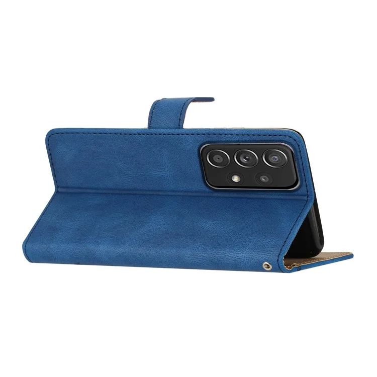Wallet Phone Case for Samsung Galaxy A53 5G Lines Imprinted Anti-Drop Stand Case Crazy Horse Texture PU Leather Cover with Strap - Blue