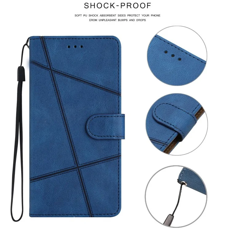 Wallet Phone Case for Samsung Galaxy A53 5G Lines Imprinted Anti-Drop Stand Case Crazy Horse Texture PU Leather Cover with Strap - Blue