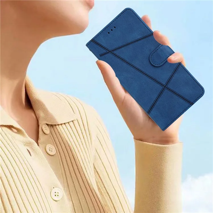 Wallet Phone Case for Samsung Galaxy A53 5G Lines Imprinted Anti-Drop Stand Case Crazy Horse Texture PU Leather Cover with Strap - Blue
