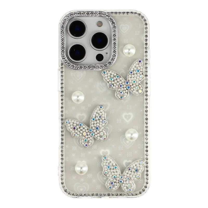 For iPhone 16 Pro Case Rhinestone Edge Pearl Butterfly Decor TPU + PC IMD Phone Cover - Heart Transparent