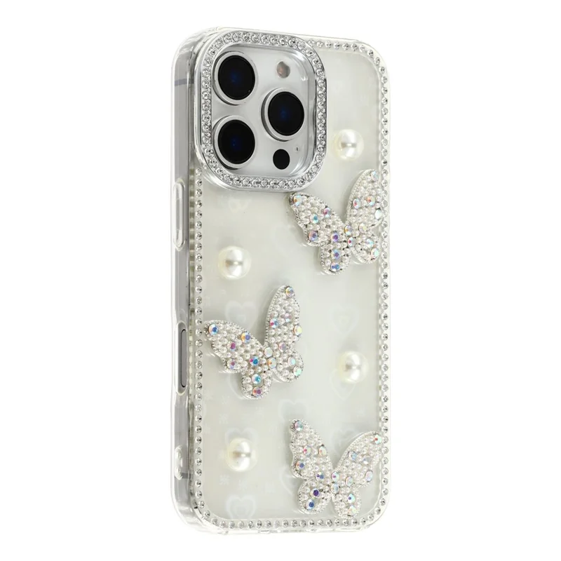 For iPhone 16 Pro Case Rhinestone Edge Pearl Butterfly Decor TPU + PC IMD Phone Cover - Heart Transparent