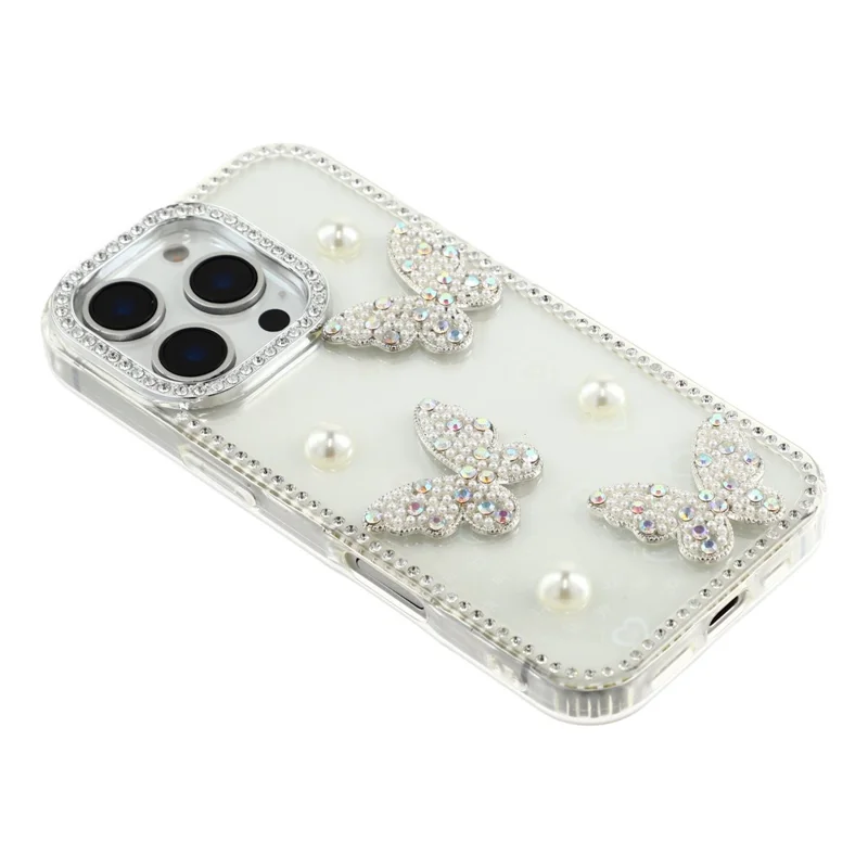 For iPhone 16 Pro Case Rhinestone Edge Pearl Butterfly Decor TPU + PC IMD Phone Cover - Heart Transparent
