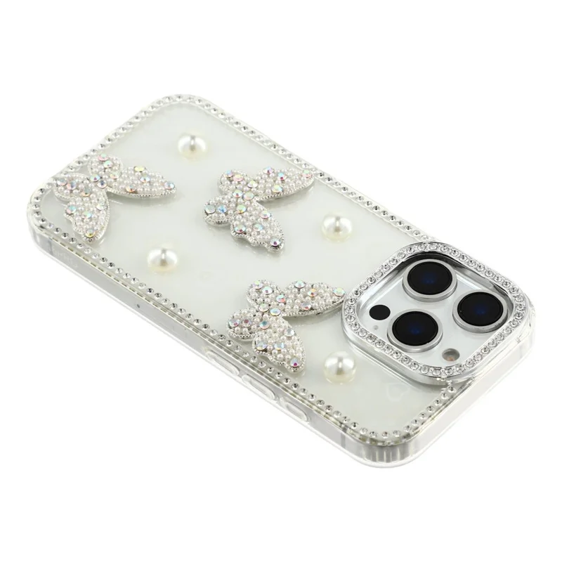 For iPhone 16 Pro Case Rhinestone Edge Pearl Butterfly Decor TPU + PC IMD Phone Cover - Heart Transparent