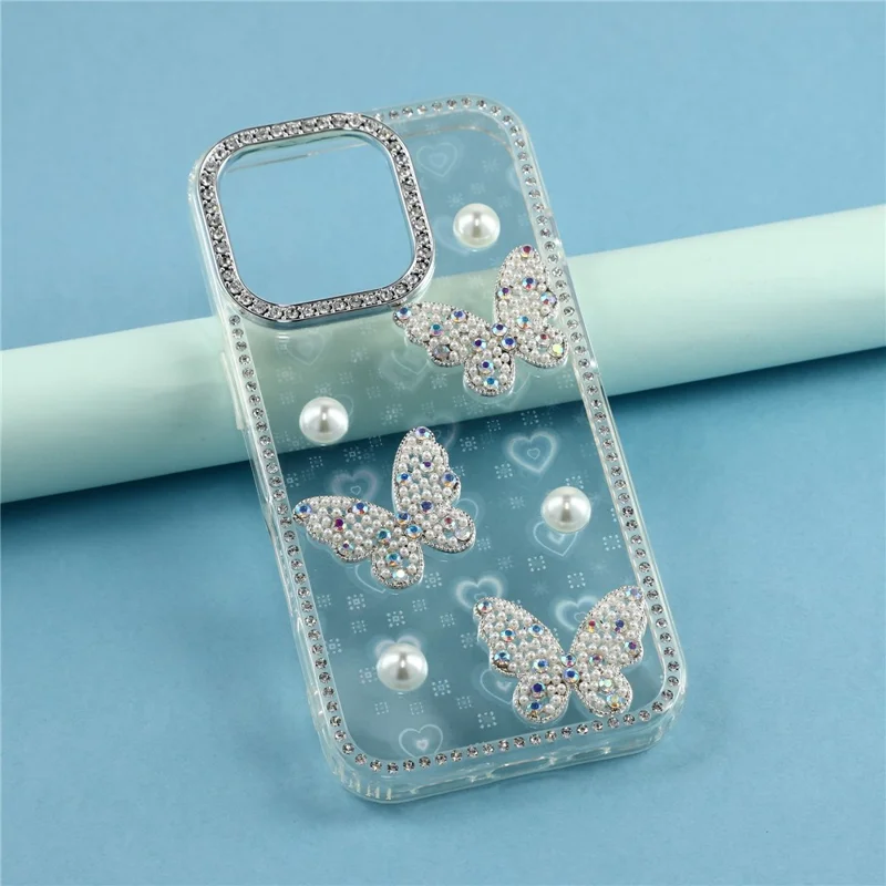 For iPhone 16 Pro Case Rhinestone Edge Pearl Butterfly Decor TPU + PC IMD Phone Cover - Heart Transparent