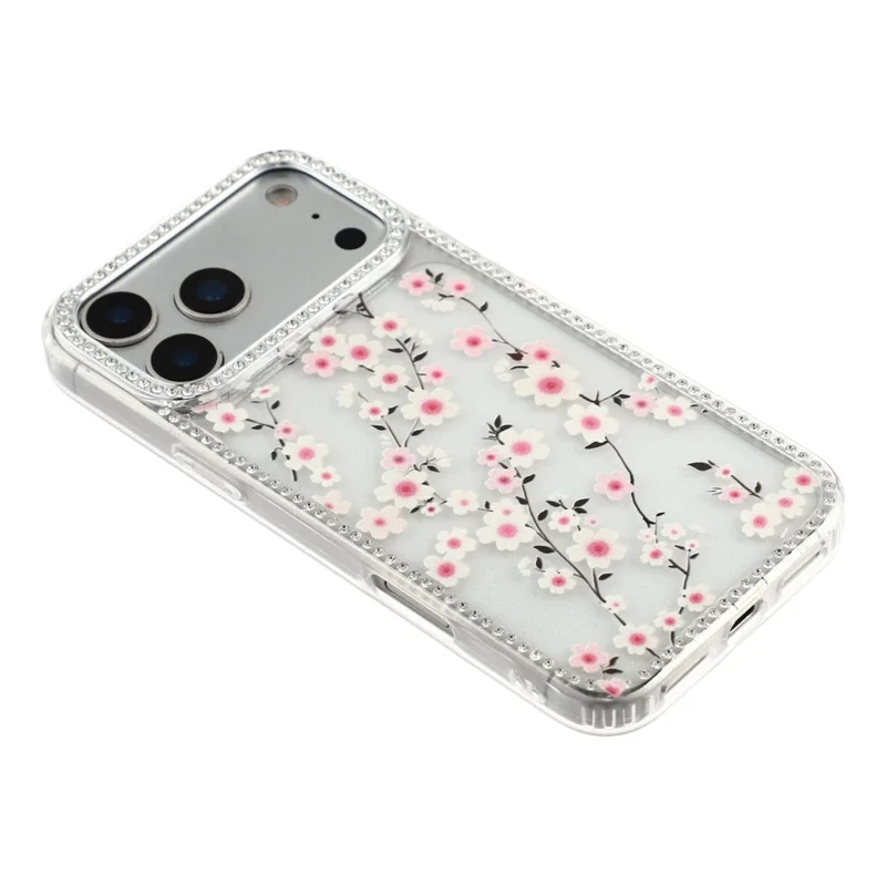 Чехол для iPhone 17 Pro Max с кристаллами по краю и цветочным рисунком, ТПУ + поликарбонат, IMD-покрытие — F2