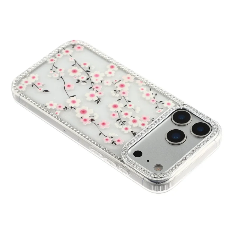 Чехол для iPhone 17 Pro Max с кристаллами по краю и цветочным рисунком, ТПУ + поликарбонат, IMD-покрытие — F2