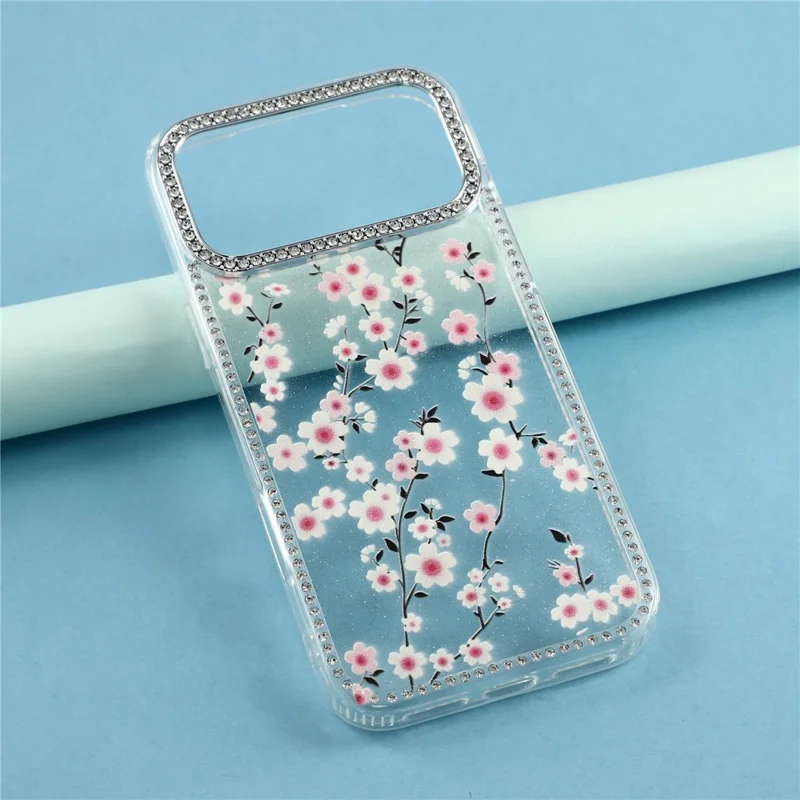 Чехол для iPhone 17 Pro Max с кристаллами по краю и цветочным рисунком, ТПУ + поликарбонат, IMD-покрытие — F2