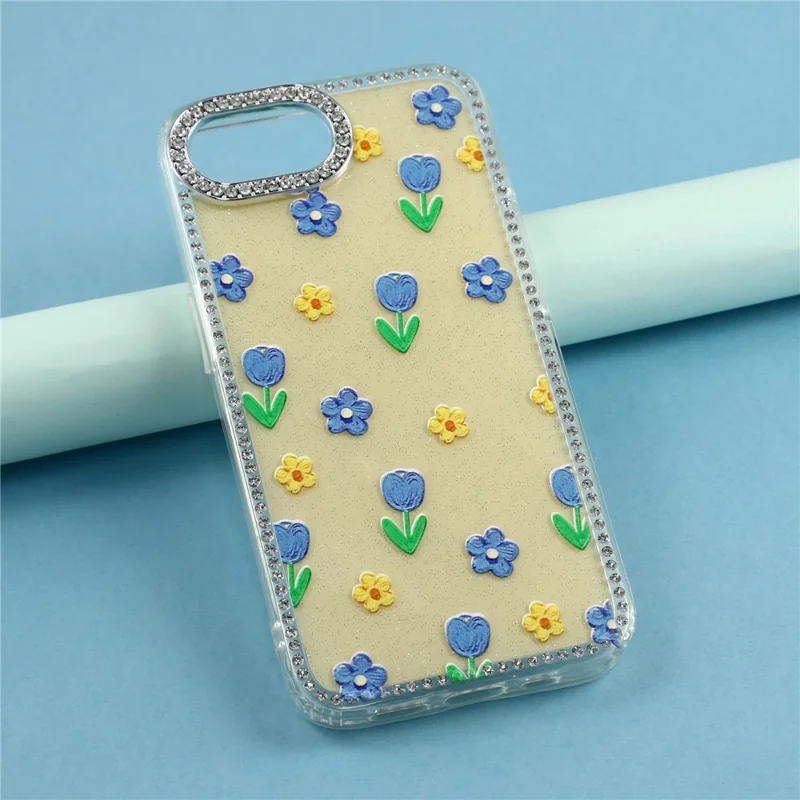 Funda para iPhone 17e / 16e con Borde de Diamantes de Imitación y Flores TPU + PC IMD - F6